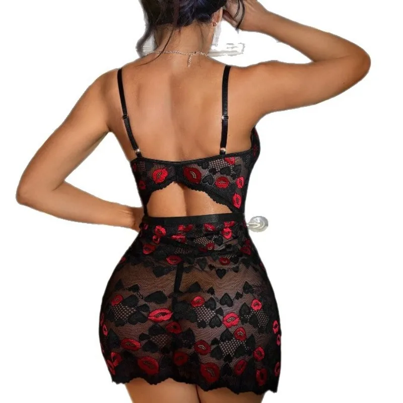 

Sexy Nightgown Women's Underwear Strapless Lace Sheer Nightgown Lip Print Lingerie Set Sexy Lingerie Tight-fitting Hip Skirt