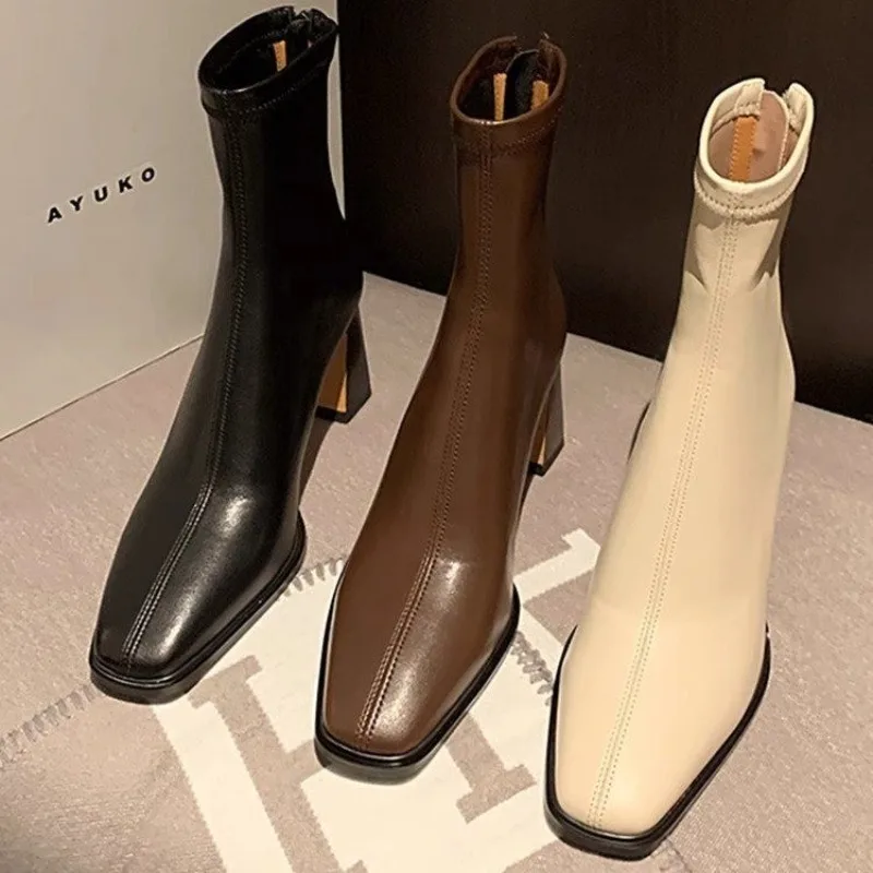 

Women High Heel Shoes Leather Short Boots Female Pointed Thin Heel Boot Ladies Ankle Short Boots Botas De Mujer