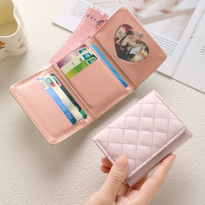 Women Short Wallet PU Leather Female Plaid Coin Purses Card Holder Triple Fold Wallet Multiple Card Slots Pouch Ladies Money Bag