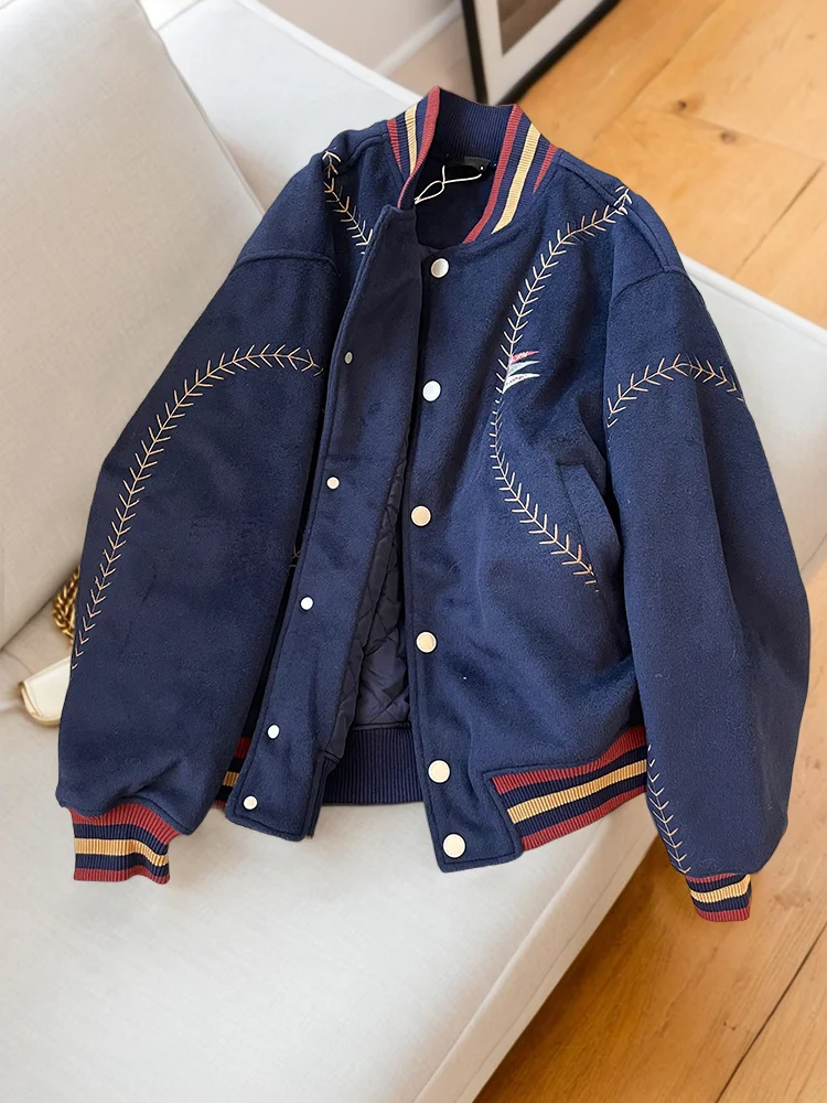 

Autumn Cotton-padded Women's Baseball Jackets Loose Round Neck Single Breasted Coats Retro Thicken Casual Jacket