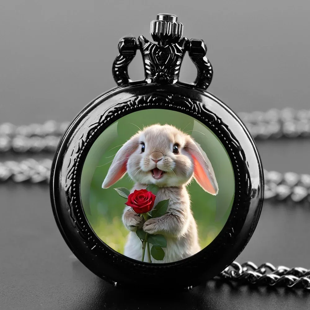Il coniglio con rosa squisito orologio da tasca vintage movimento al quarzo quadrante rotondo collana nera unica regalo souvenir per bambini
