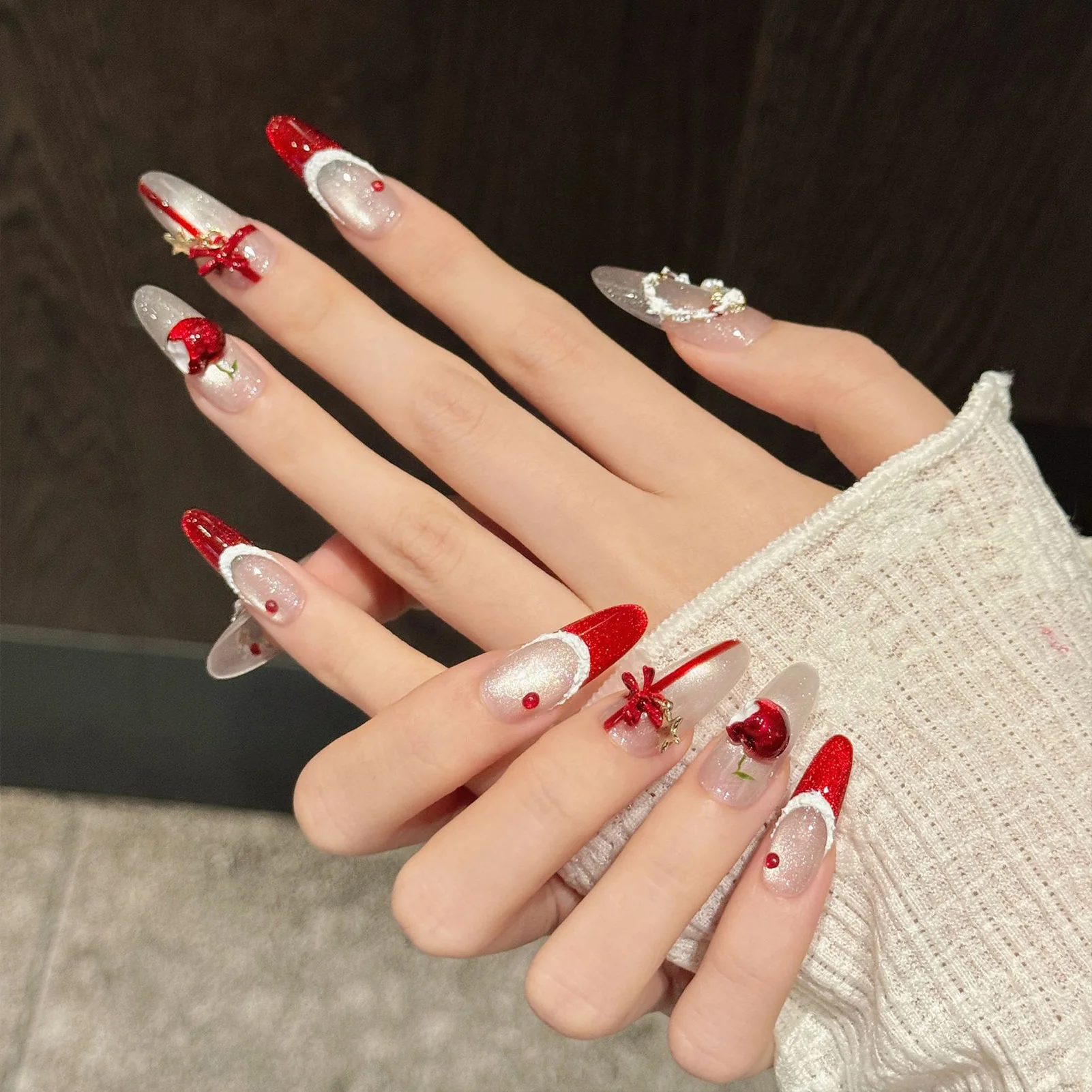 10PCS Christmas Theme Fake Nails with Glitter Rhinestone Design Red French Almond False Nails Wearable Cat Eye Press on Nails