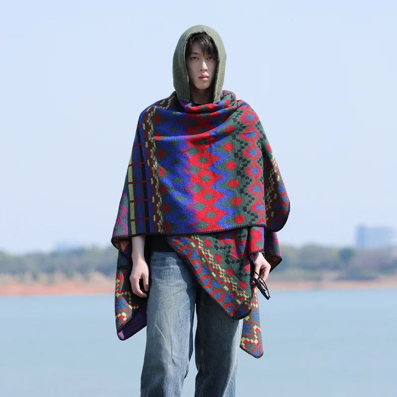 Hooded Poncho Split Shoulder Shawl Men's Travel Clothing Ethnic Style Padded Cloak for All Seasons Casual Outdoor Wear Cape P1