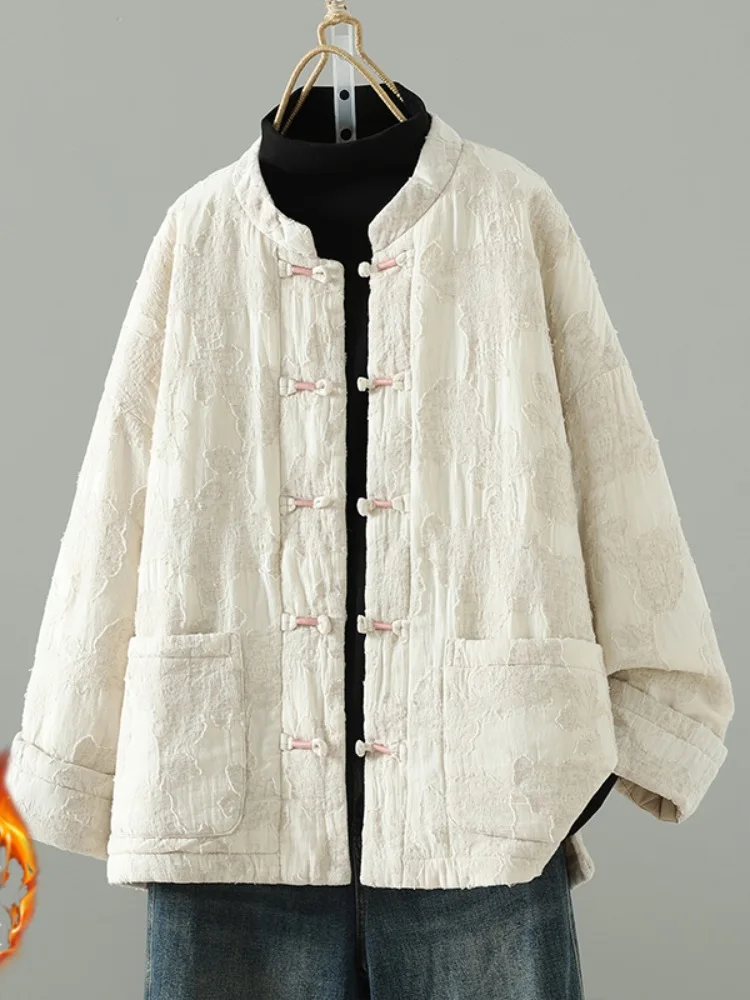 

Ретро-китайское зимнее пальто женское, свободного кроя, с вышивкой, длинное, с воротником-стойкой, на пуговицах, на хлопковой подкладке