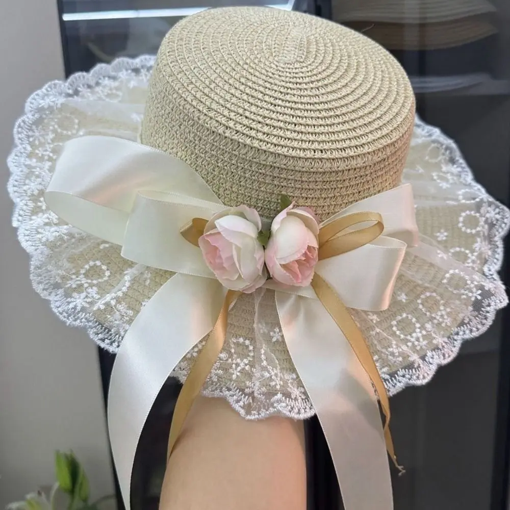 Lolita Style Summer Sun Hat Butterfly Knot Breathable Lace Sunshade Cap Lightweight Artificial Flowers Straw Beach Hat Outdoor