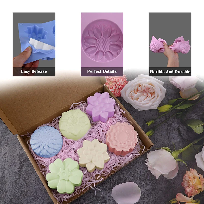 2 Pack Silicone Soap Molds 6 Cavities Different Flower Shapes Ice Cream Tray Fondant Silicone Mold Perfect Making for Soap