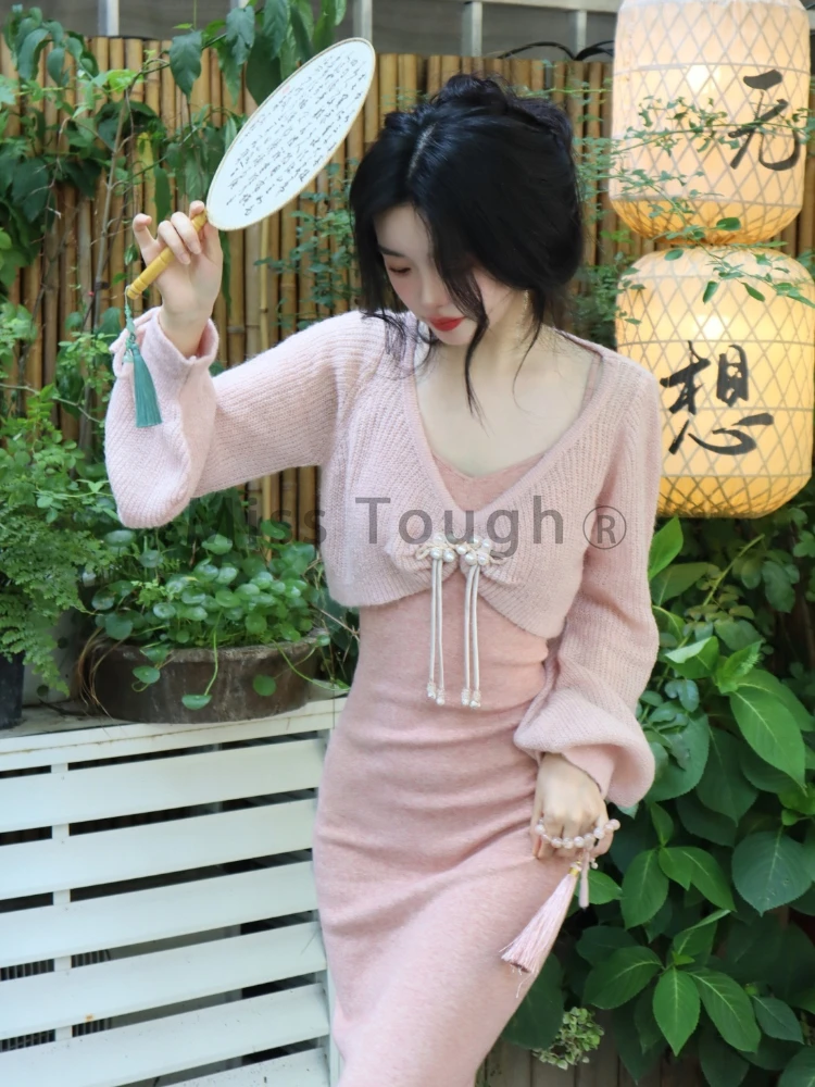 Winter Vintage Sweater Two Piece Set Women Korean Designer Elegant Dress Suit Female Casual Knitted Tops + Pink Midi Dress 2023