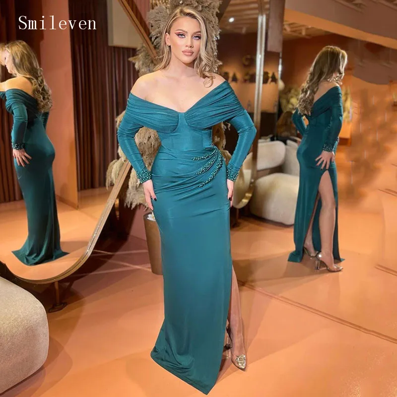 

Smileven Pearls Long Sleeve Green Mermaid Evening Dress Off The Shoulder Prom Dresses robe de soirée Special Evening Party Gown