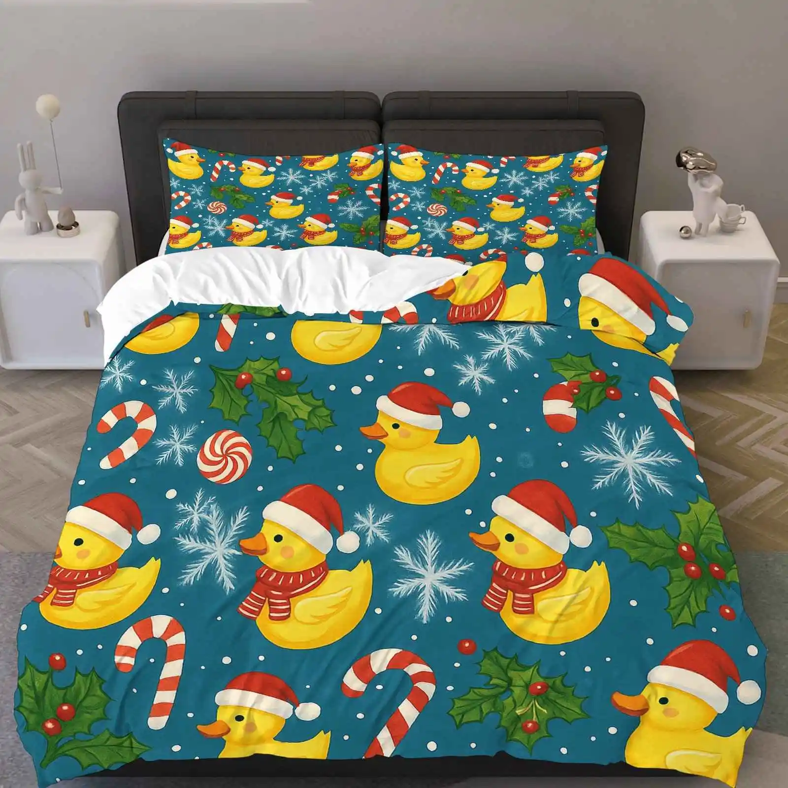 [Christmas Decorations] 3pcs Festive Christmas Duck & Candy Cane Duvet Cover Set Cozy Polyester, Machine Washable Zipper Closure