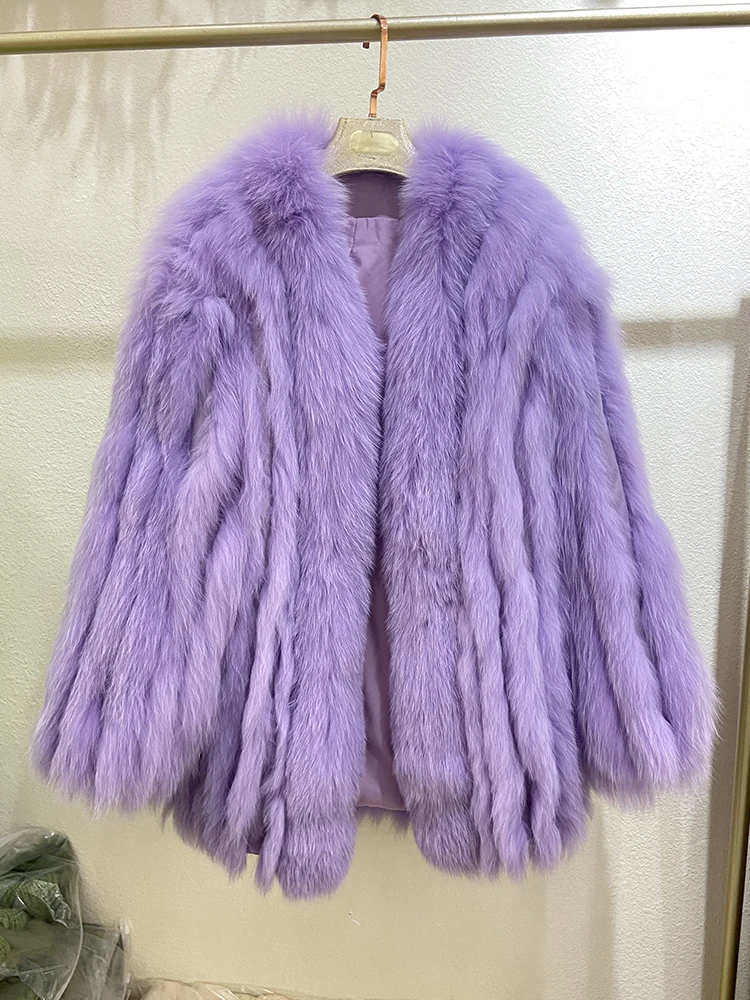 Women Winter Thick Warm Fluffy Real Fox Fur Long Oversize Loose Natural Fur Overcoat 72cm Length