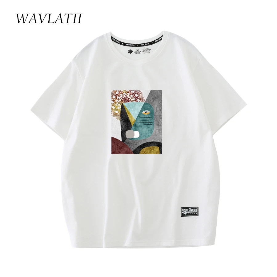 WAVLATII Women 100% Cotton Summer T Shirts Female 210 g/m2 Green White Short Sleeve Tees Lady Fashion Printed Tops WT2221