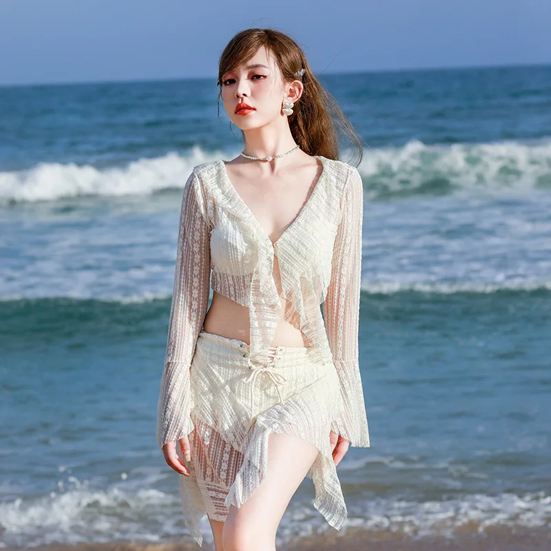 2024 Korean Style Swimwear 3 Piece Swimsuit Mesh Cardigan And Bikini Set Summer Beach Wear Swimsuit Dress Set With Cover Up