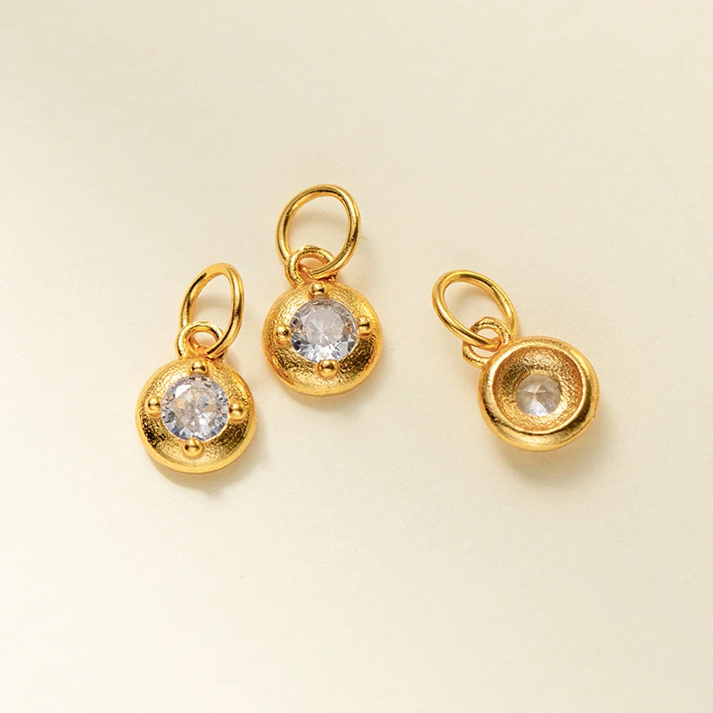 1pc 925 Sterling Silver Plated Gold Color Round Inlaid With Zircon Shiny Charms 8x5.8mm DIY Earrings Necklace Bracelets Jewelry