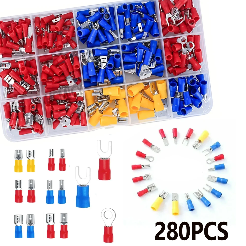 

280 шт., изолированные терминалы для подключения проводов, мужские/женские обжимные клеммы для проводов, U-образная вилка, лопата, красный, синий, желтый комплект разъемов