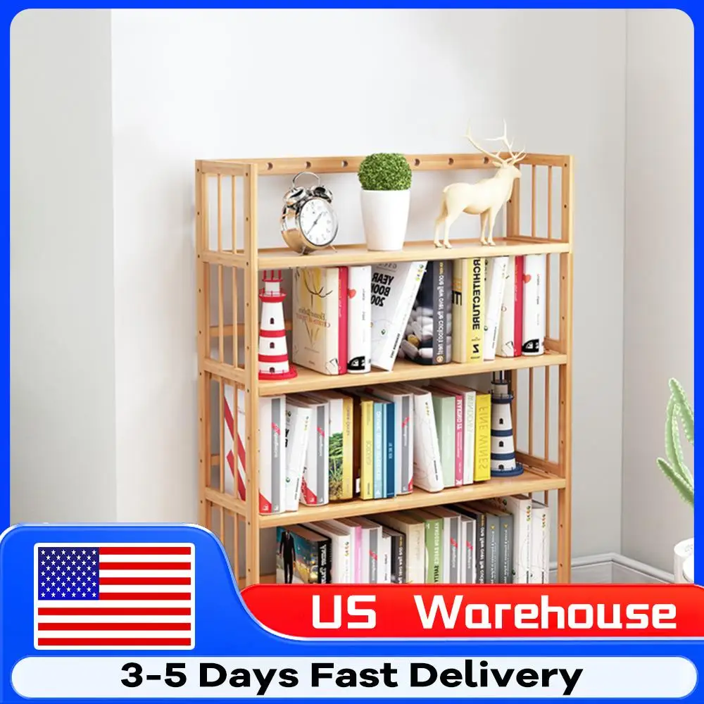 

4-Tier Bamboo Shelf Large Capacity Simple Bookcase Multi-Function Storage Display Rack for Bathroom Kitchen Living Room