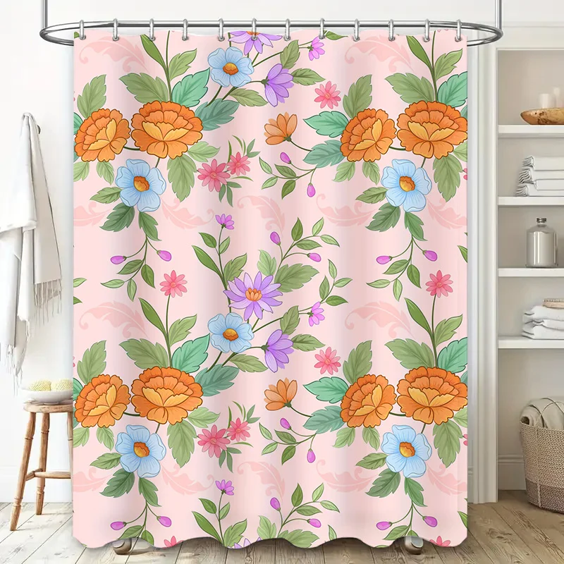 Vibrant Floral Shower CurtainPink Bath Mat Decor with Orange Flowers Blue Blossoms Perfect for a Bright Bathroom Update!