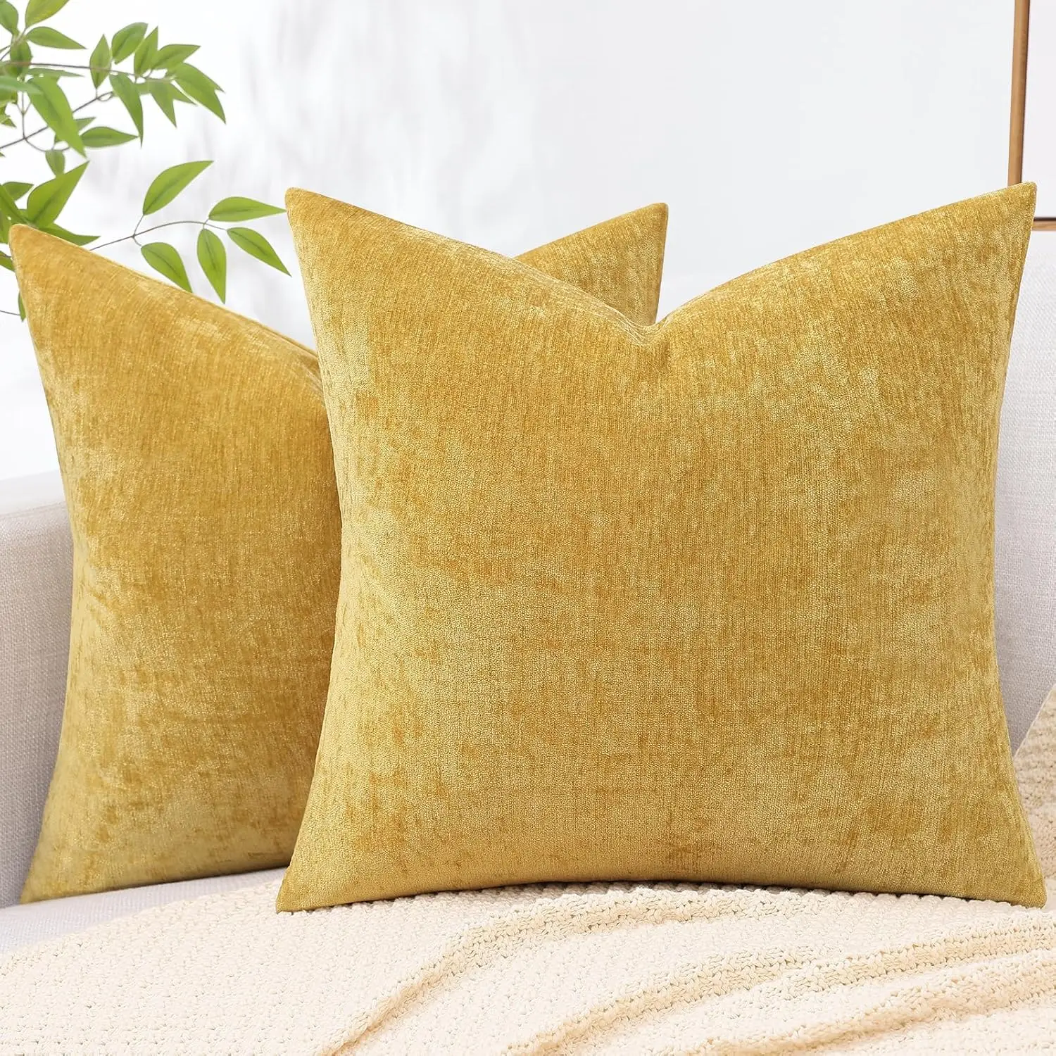 

Couch Throw Pillow Covers 20X20 Set Of 2, Decorative Soft Chenille Solid Dyed Pillow Covers For Sofa Bed Living Room, Mineral