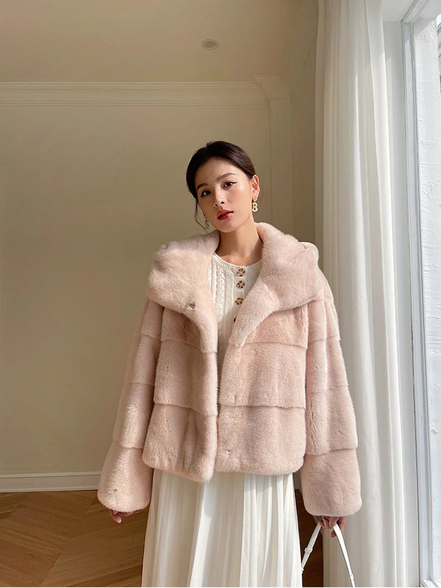 HDHOHR 2024 New Real Mink Fur Coat Women  Fashion High Grade Mink Coat Multiple Colour Real Mink fur Jackets Female With Big Hat