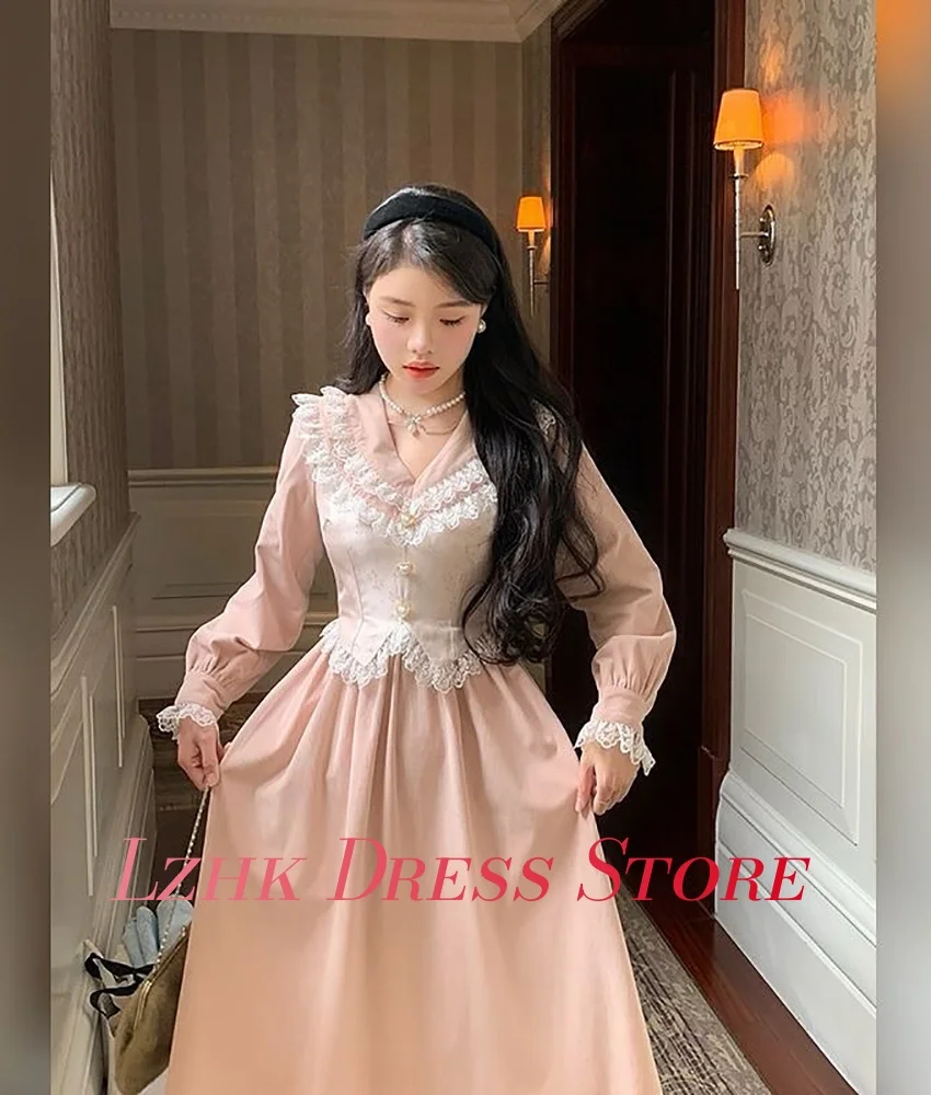 Personalizado gracioso jérsei a linha botões de renda vestido de noite temperamento mangas compridas com decote em v chá comprimento sob medida vestidos de ocasião