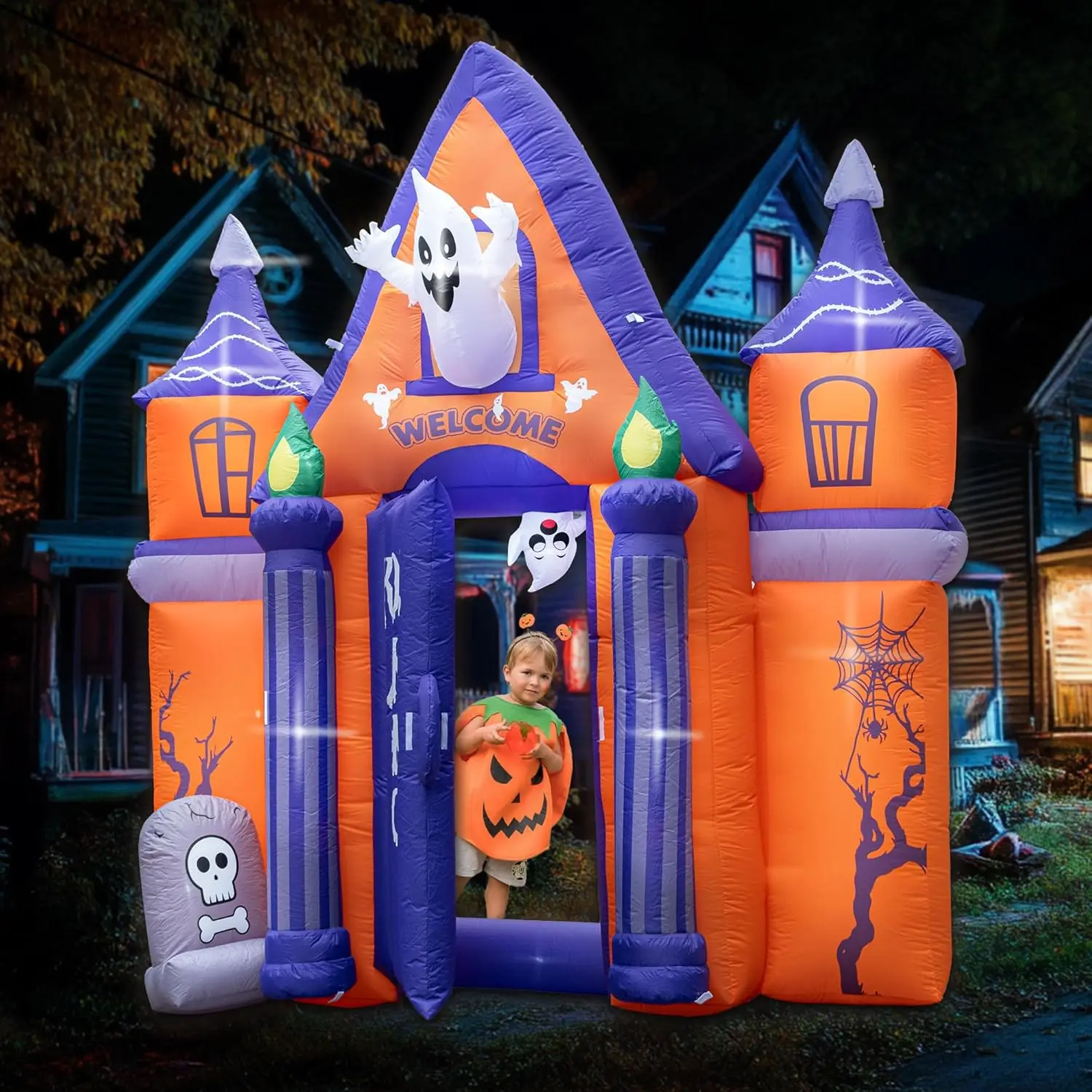 

Halloween Inflatables 2024 New 10FT Castle Haunted House Arch Archway with Ghost Tombstone Removable Air Blower Bright LED Light