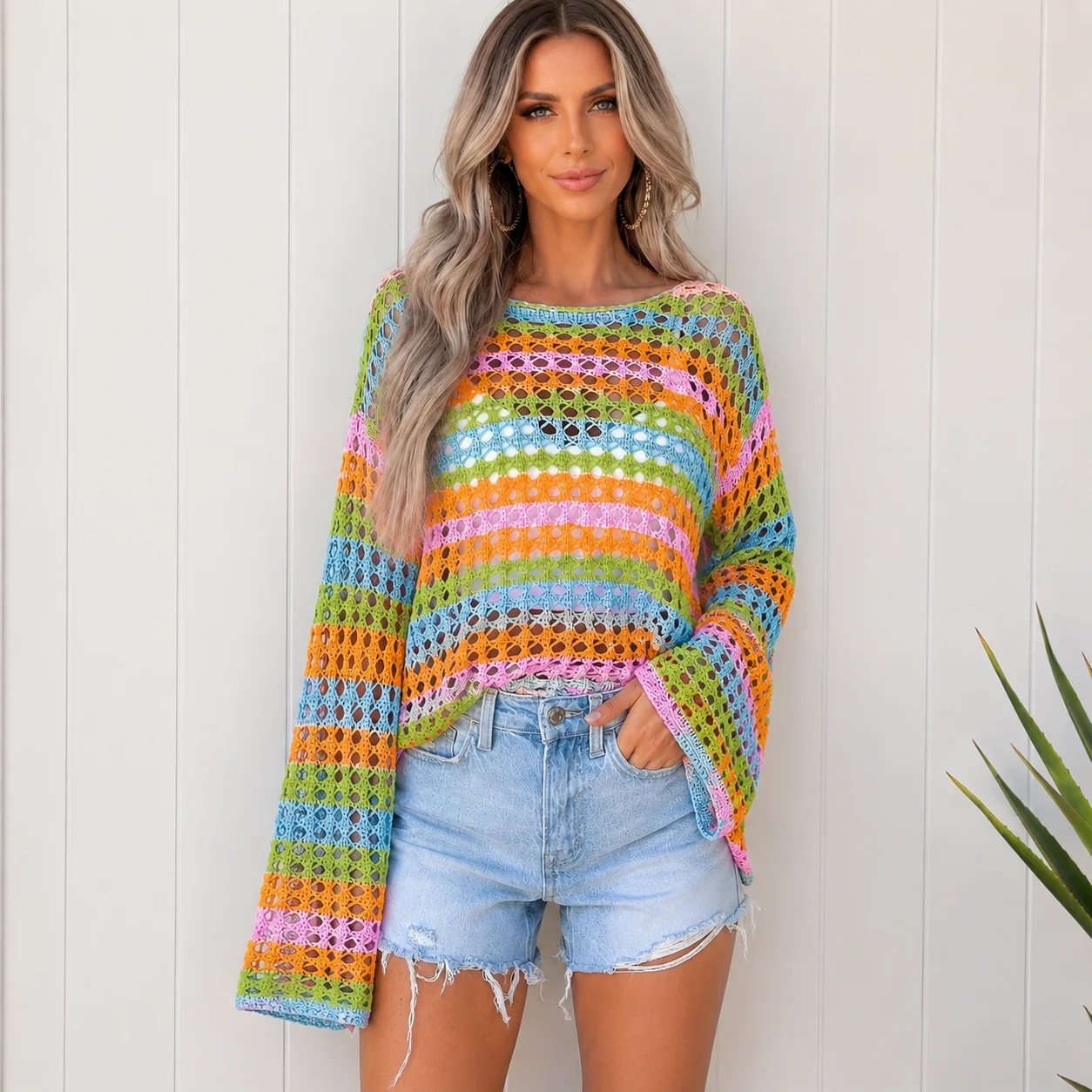 EOENKKY Women Crochet Sweater Colorblock Striped Open Knit Long Sleeve Loose Pullover Summer Streetwear Top