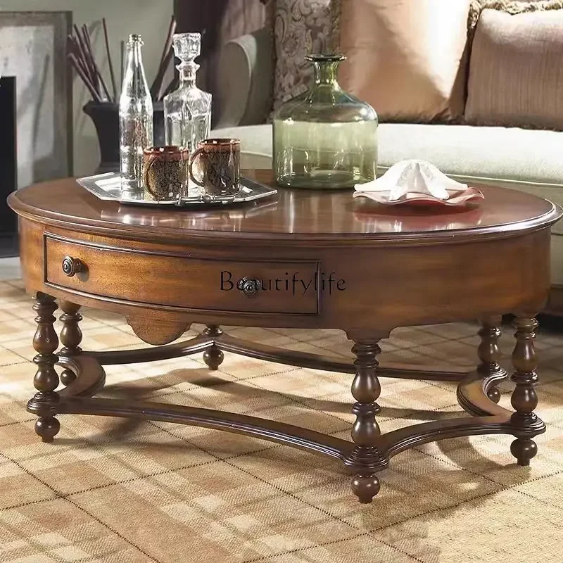 

66.LAmerican solid wood round coffee table solid wood carving retro old light luxury simple with pumping