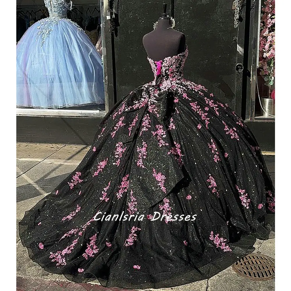 Black Sequined Crystal Bow Quinceanera Dresses Ball Gown Sweetheart Pink Appliques Lace Corset Vestidos De XV Anos