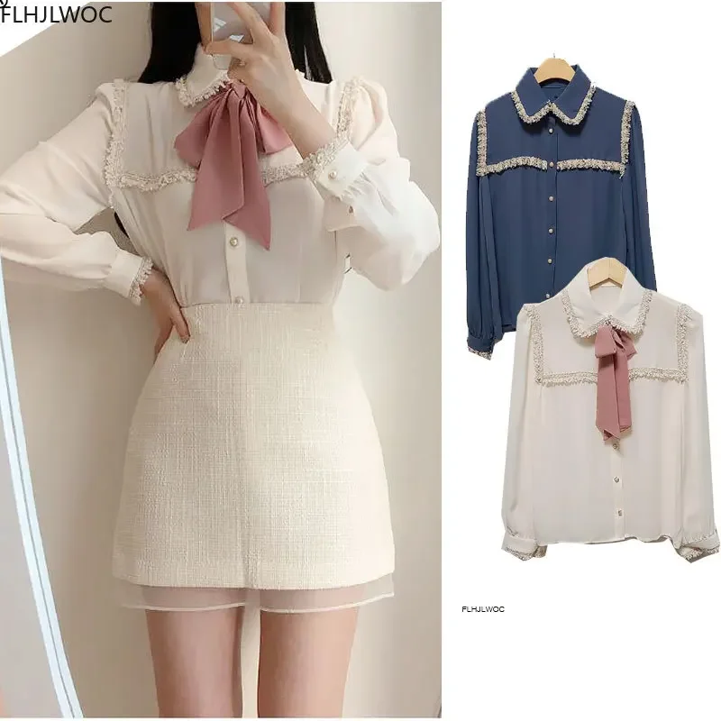 

2025 Autumn Women's Cute Bow Tie Tops Preppy Style Vintage Japaneses Korea Design Button Elegant Formal White Shirts Blouses