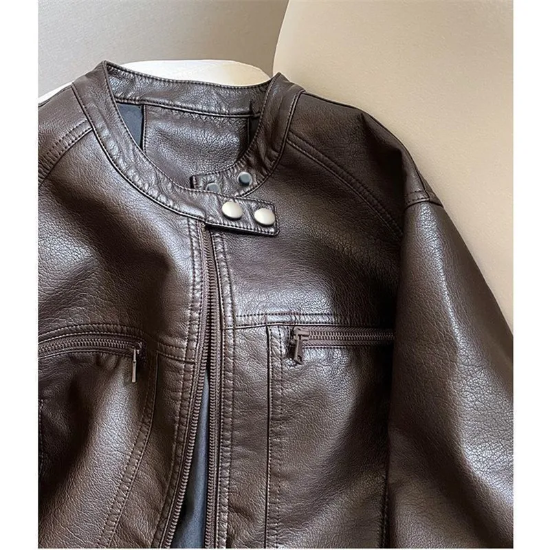 New Spring Autumn PU Leather Jacket Women Fashion Stand Collar Motorcycle Short Jackets Female Loose Leather Outwear Tide B1317