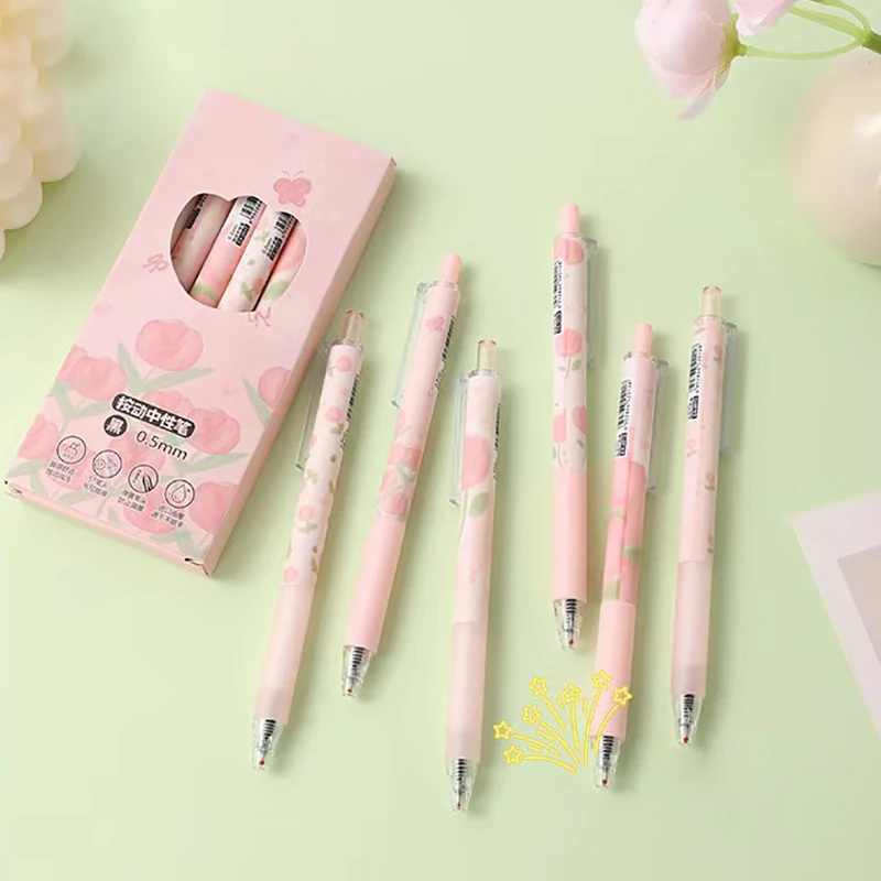 6Pcs Cute Pink Tulip Gel Pen Elegant Simple Pressing Neutral Pens Kawaii Pen Set School Supplies Aesthetic Stationery Gifts