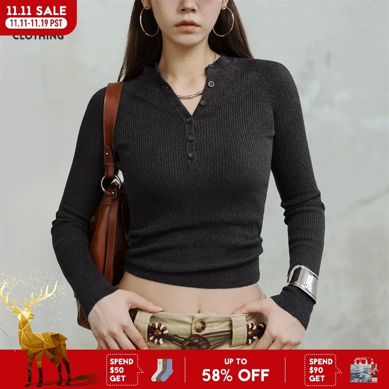 

Maden Slim Long-sleeved Knit Sweater for Women Solid Color Henley Shirt Spring and Fall Gray Undershirt High Stretch Knitwear