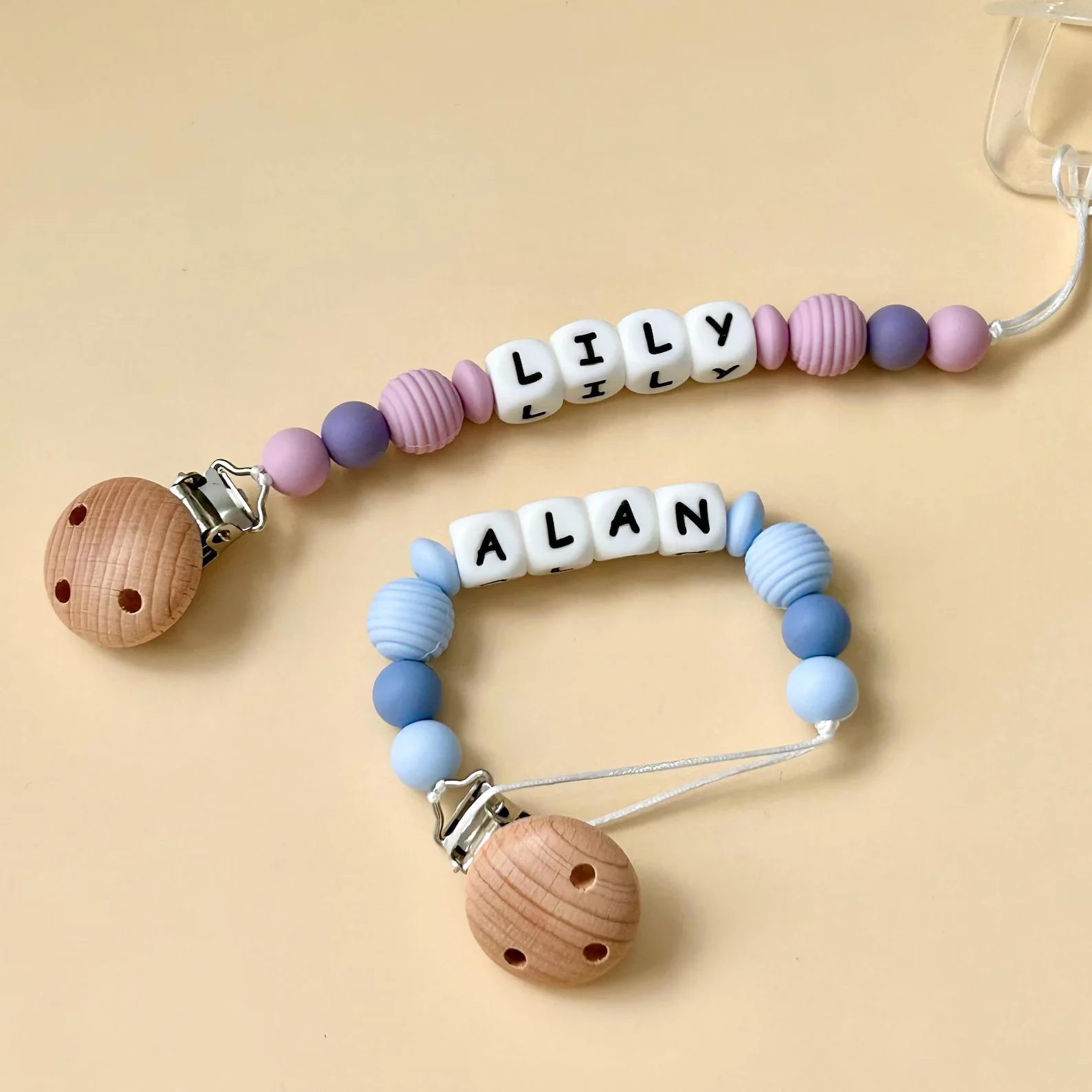 Beech Wood Pacifier Clip with Custom Name Silicone Teether Chain Anti-lost Soother Holder for Newborn Baby Girl Boy Shower Gift image 6