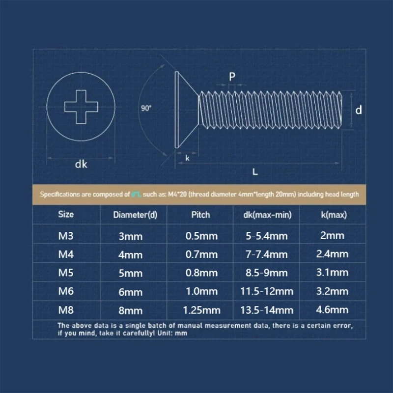 M3 M4 M5 M6 M8 304 Stainless Steel 500h Passivation Salt Spray Cross Phillips Flat Countersunk Head Screw Bolt YB819