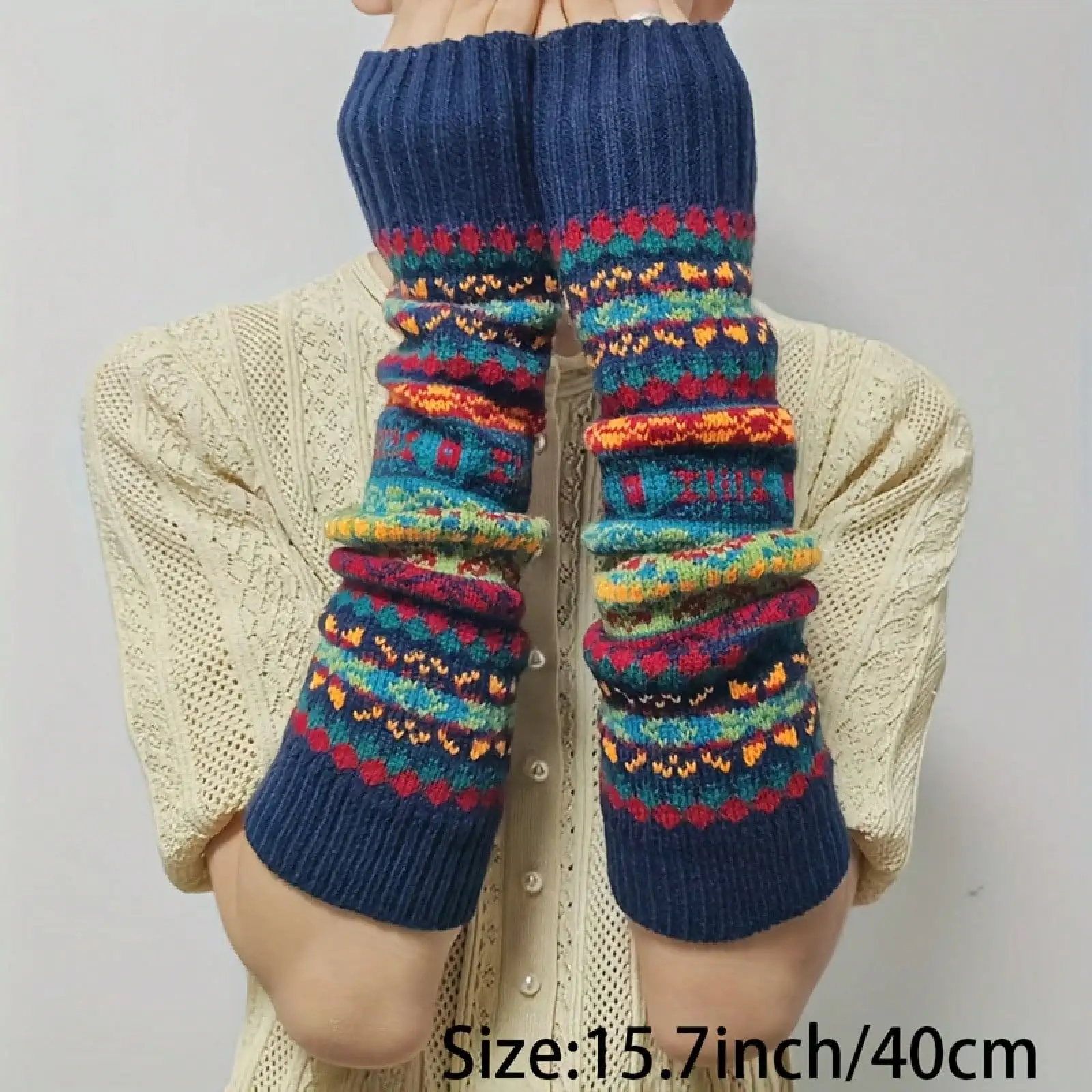 レディース秋冬ボヘミアンスタイルアームウォーマー - 厚く長くなった指なし手袋