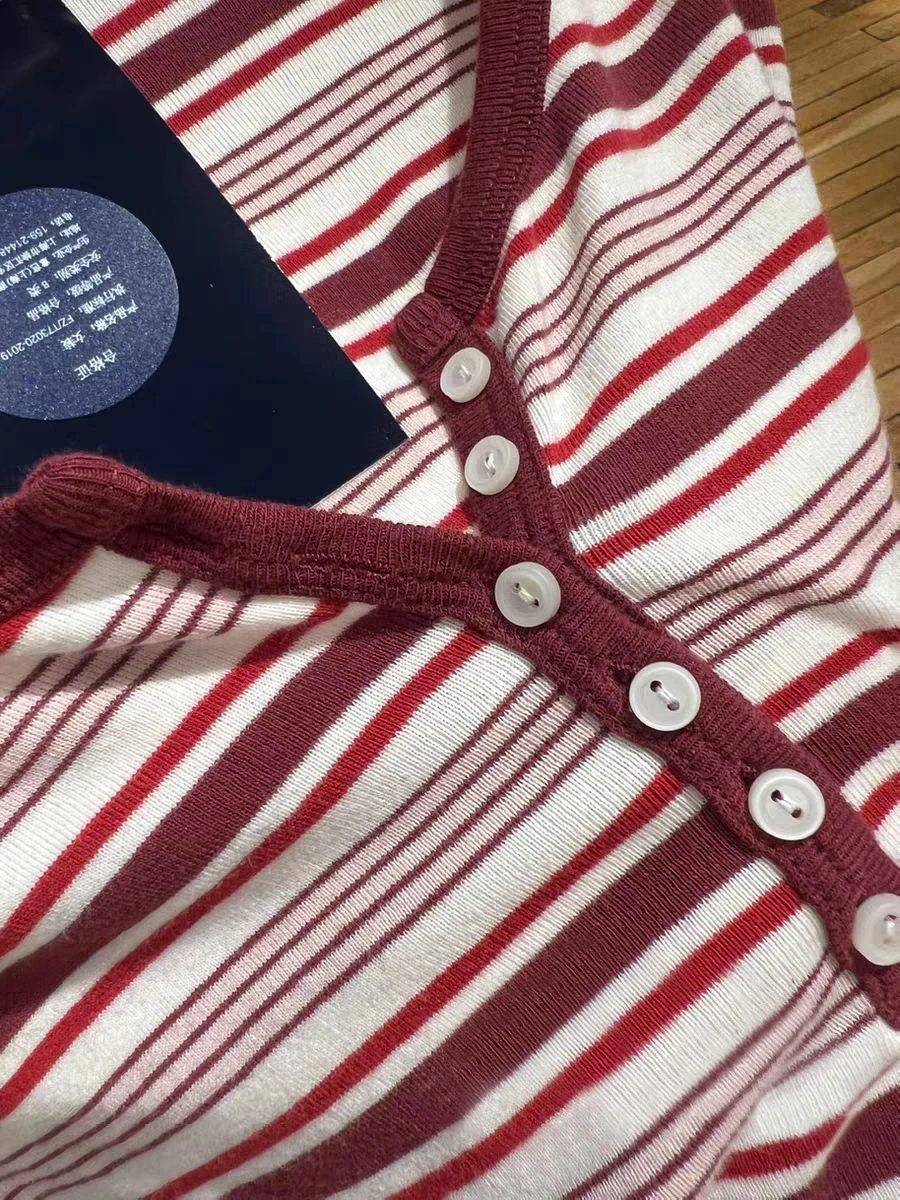 الأحمر مخطط كم طويل تي شيرت المرأة ستة أزرار مغرفة الرقبة القطن سليم تي شيرت الخريف نمط Preppy الحلو خمر تيز القمم #6