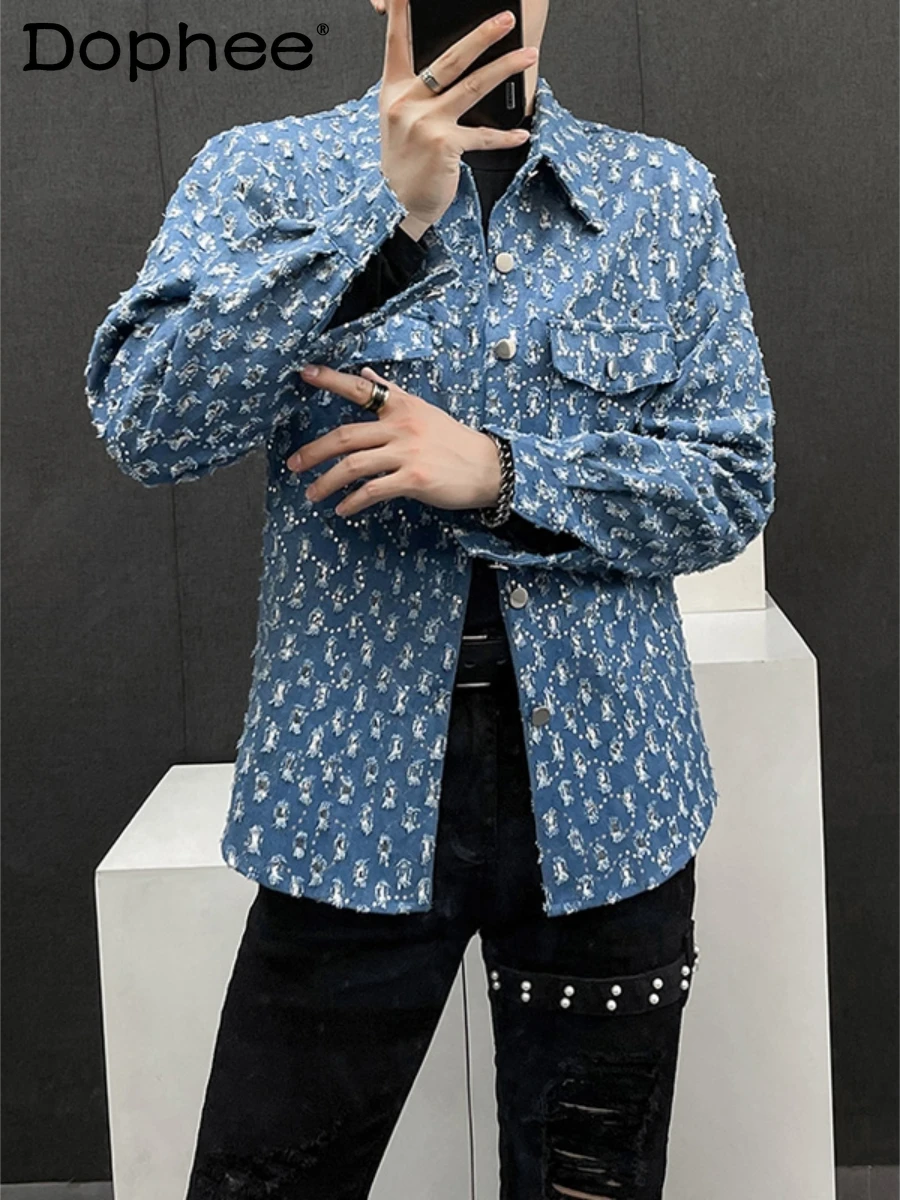 

High-end Male Hole Denim Jackets Men's American Style New High Street Denim Coats Personality Loose Trendy Sequined Denim Jacket