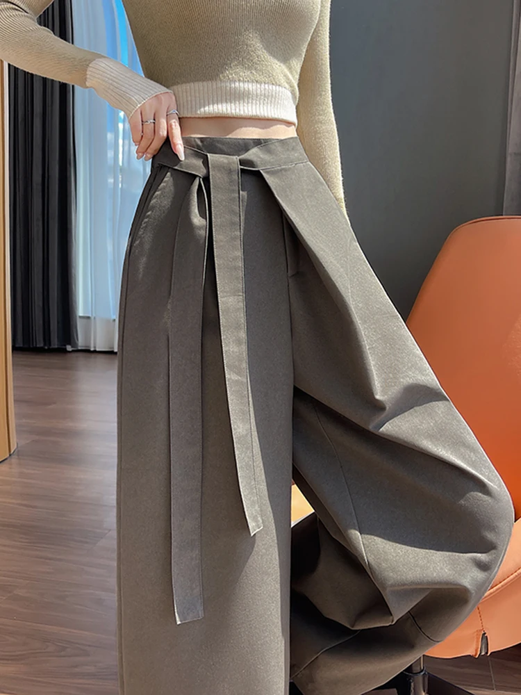 

High Waist Wide Leg Casual Pants Women's Coffee Color Spring Autumn Loose Slimming Drapey Workwear Trousers Asymmetrical Refl...