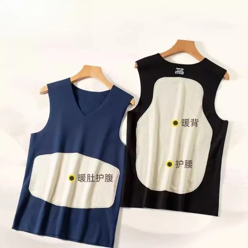 Men Double-sided Fleece Thermal Tank Top with Patch Warm Belly Back Sleeveless Vest Big Size Comfy Seamless V Neck Undershirt