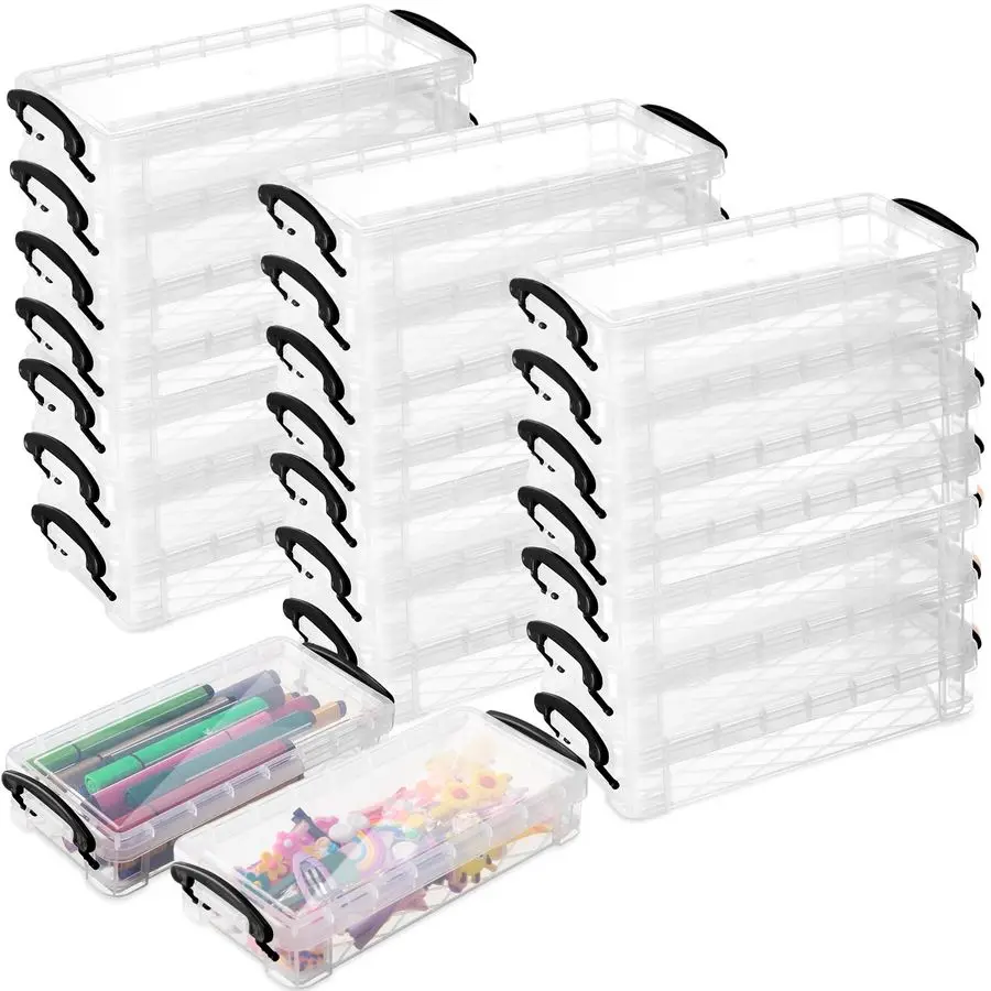 

24 Pcs Large Capacity Plastic Pencil Box Clear Plastic Pencil Case Crayon Box with Snap Tight Lid Watercolor Pen Storage Brush O