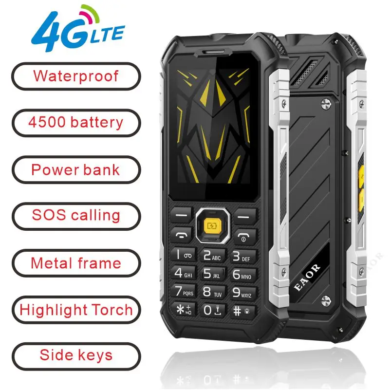 EAOR 4G Feature Keypad Phone Waterproof Rugged 4500mAh Power Bank High brightnessTorch Volume side key SOS One Click Dialing