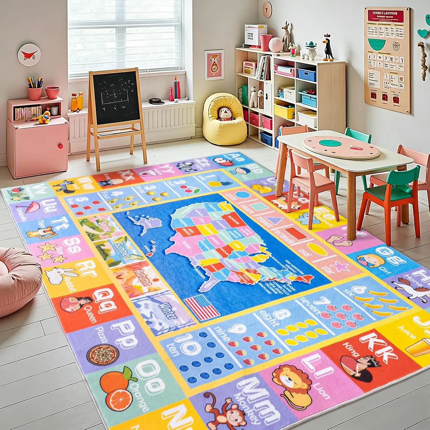 ABC Numbers Map Educational Kids Rug, Washable Non Slip Carpet for Playroom Bedroom, Versatile Nursery Home Decor