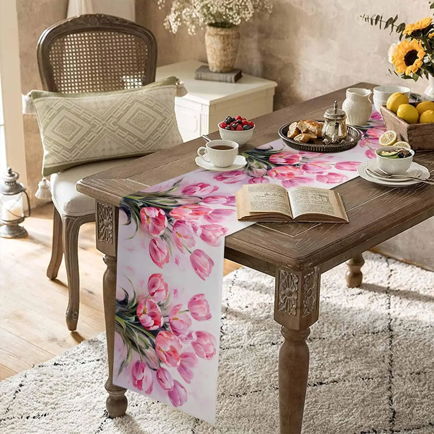 Happy Easter Watercolor Tulip Linen Table Runner Wedding Party Decor Spring Plants Pink Flowers Table Runners Dining Table Decor
