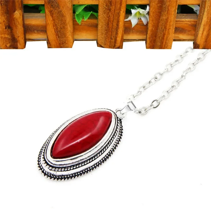 Double Layer Rhombus Red Stone Set Retro Necklace Earrings Set For Women Antique Silver Plated Fashion Jewelry