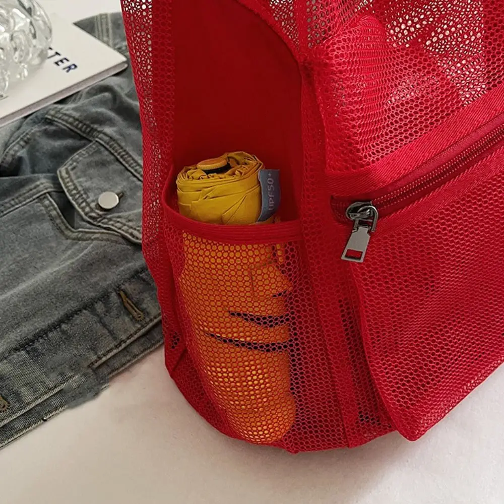 Sweet Korean Style Drawstring Backpack Hollow Portable Nylon Backpack Shoulder Bag Solid Color Mesh Beach Bag Girls