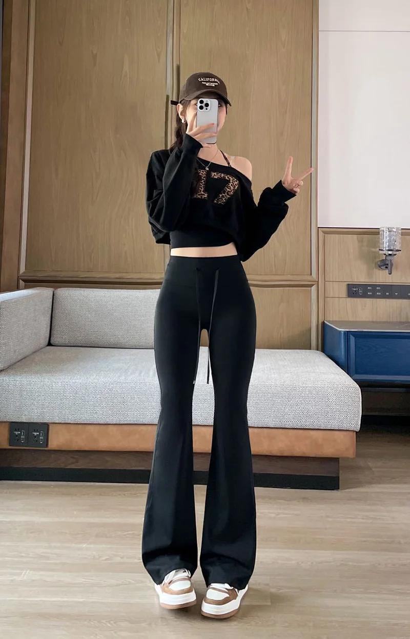 BIVIGAOS Autumn New Drawstring High Waist Micro Flared Leggings Women Slim Fit Elastic Fashionable Casual Sports Flared Pants