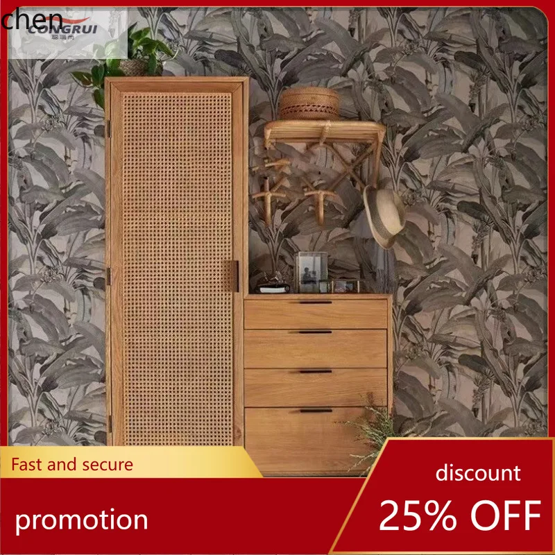 HT Solid Wood Wardrobe Simple Rattan Home Bedroom Single Door Four Drawer Floor Wardrobe Vintage Left and Right Optional Cabinet