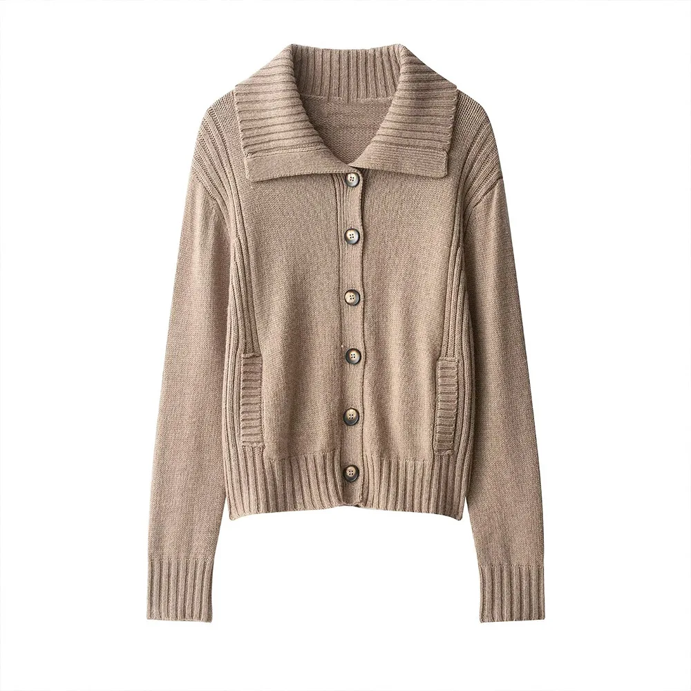 

Women's Knitted Cardigan Lapel Long Sleeve Single-Breasted Pocket Solid Color Elastic Hem Sweater Commuting Winter New Chic Top
