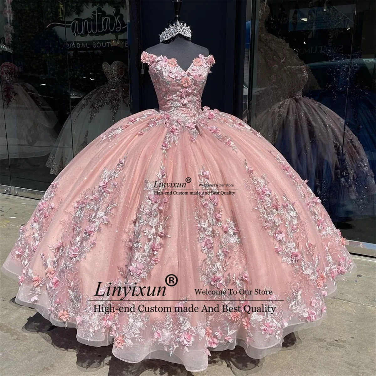 

Princess Pink Quinceanera Dress Ball Gown Lavender 3D Floral Applique Beading Tiered Mexico Sweet 16 Vestidos De XV 15 Anos