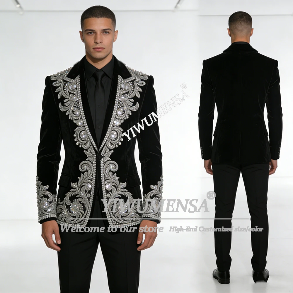 

Роскошные мужские костюмы с орнаментом из бисера и кристаллов для свадьбы, однобортный бархатный пиджак, брюки, комплект из 2 предметов, смокинги для жениха, наряды 2025