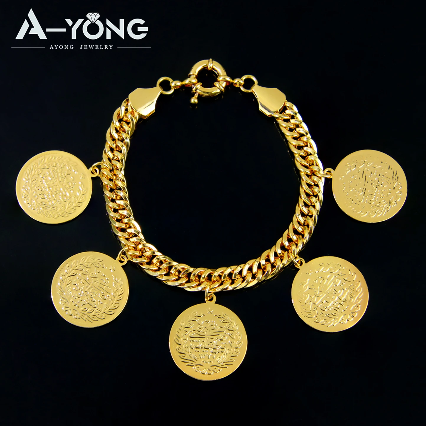 Türkische vergoldete Münzen Schmuckset 21 Karat Gold Farbe Arabische Mode Kubanische Halskette Armband Dubai Frauen Braut Hochzeit Schmuck – Detail 7
